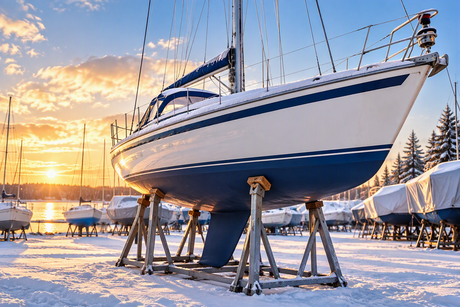 Segelboot an Land, aufgebockt im Winterlager